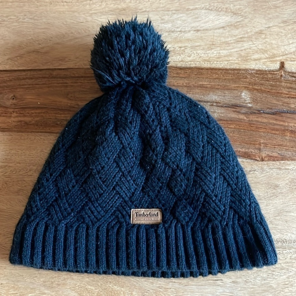 Timberland Black Pom Pom Faux Fur Lined Beanie